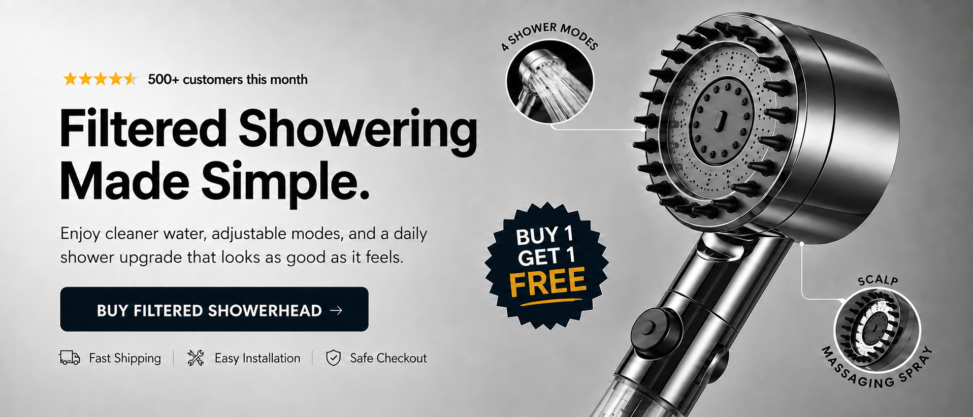 Velvé Pro filtered showerhead banner — chrome handheld showerhead with three shower modes and a scalp massaging spray, alongside a Buy 1 Get 1 Free badge