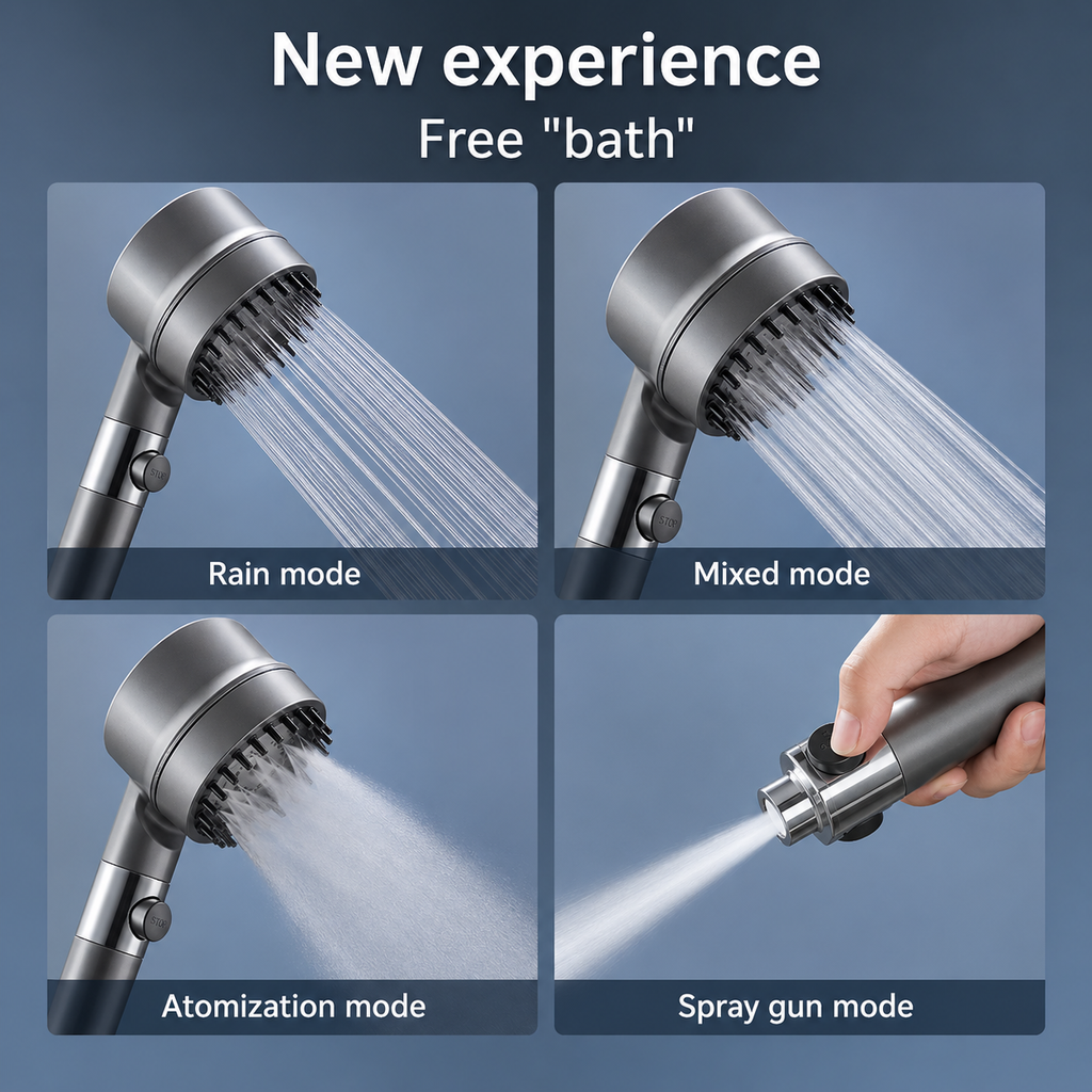Velvé Pro showerhead four spray modes: Rainfall, Mixed, Mist / Atomization and Jet / Spray Gun