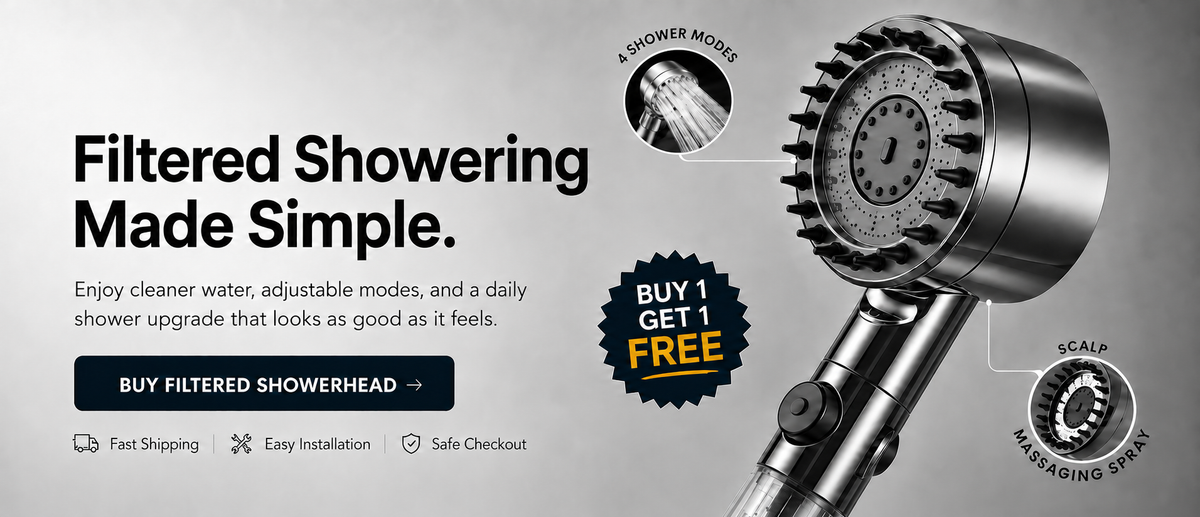 Velvé Pro filtered showerhead banner — chrome handheld showerhead with three shower modes and a scalp massaging spray, alongside a Buy 1 Get 1 Free badge